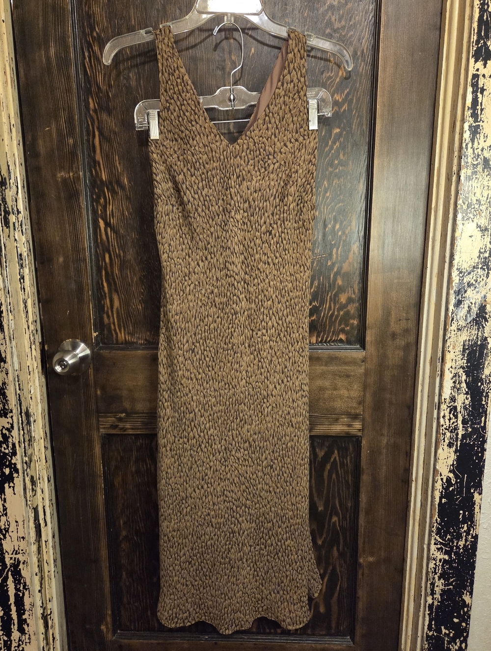 Vintage Ann Taylor 100% Silk Brown Textured Leopard V-Neck Midi Dress